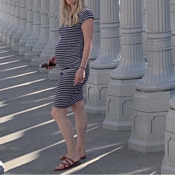 Striped maternity t-shirt dress with ruched sides - Picture 1 of 5